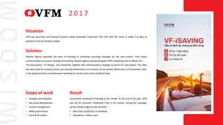 Situation
VFM was launching new financial products called Systematic Investment Plan (SIP) with the intent to make it as e...