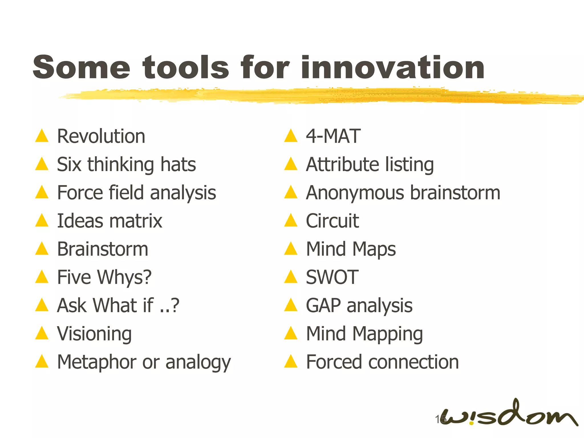 Some tools for innovation Revolution Six thinking hats Force field analysis Ideas matrix Brainstorm Five Whys? Ask What if ..? Visioning Metaphor or analogy 4-MAT Attribute listing Anonymous brainstorm Circuit Mind Maps SWOT GAP analysis Mind Mapping Forced connection 