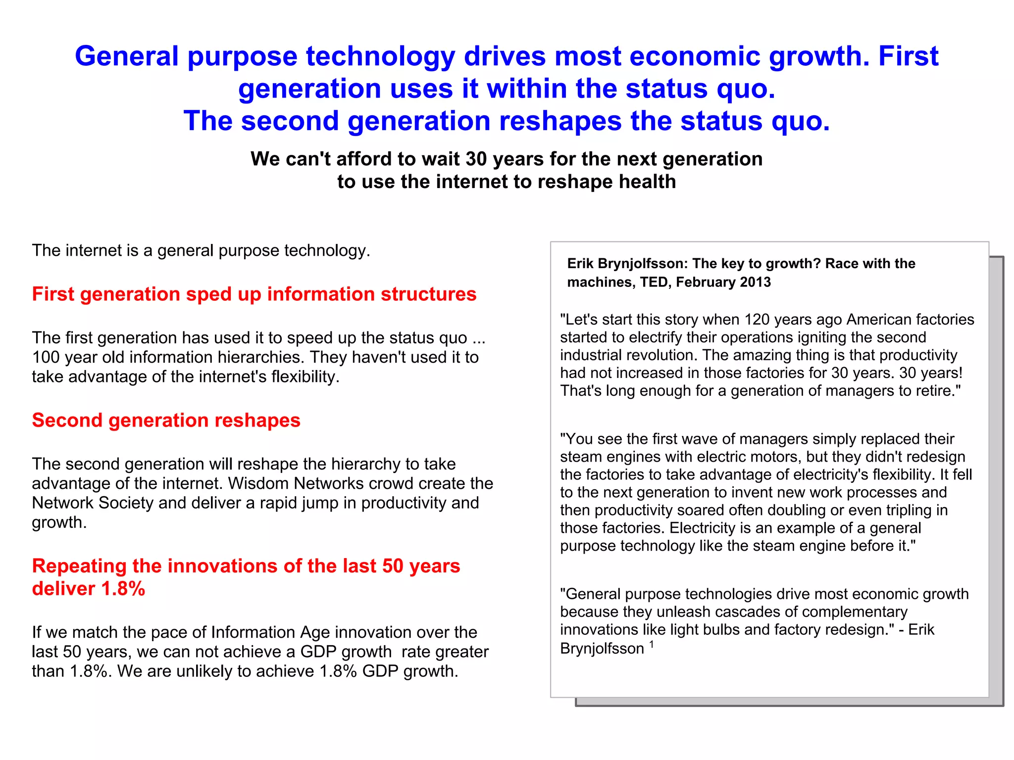 HEALTHINDIVIDUAL
GOVERNMENT
INDUSTRY
Doctors, nurses
and patients
GOVERNANCE
Government
Department(s)
EQUITY MARKETStock
exchanges
ORGANISATION
EDUCATION
Teachers and
students Politicians
SME's, investors
and advisers
Wisdom Networks crowd create the Network Society
We need wisdom productivity, growth and wealth to sustain society
Wisdom Networks crowd create productivity, growth, transparency, and
distribute influence across the Network Society in shared books
DEMOCRACY
 