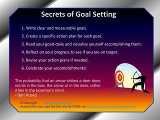 Secrets of Goal Setting1. Write clear and measurable goals.2. Create a specific action plan for each goal.3. Read your goals daily and visualize yourself accomplishing them.4. Reflect on your progress to see if you are on target.5. Revise your action plans if needed.6. Celebrate your accomplishments!The probability that an arrow strikes a deer does not lie in the bow, the arrow or in the deer, rather it lies in the bowman’s mind.- Bart Kosko© Copyright         www.jobsuccess.orgAccess 600 more tips like this one for FREE via www.jobsuccess.org/newsletter.html