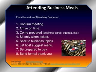 Attending Business MealsFrom the works ofDana May Casperson1. Confirm meeting.2. Arrive on time.3. Come prepared (business cards, agenda, etc.)4. Sit only when asked.5. Stick to business topics.6. Let host suggest menu.7. Be prepared to pay.8. Send formal thank you.© Copyright         www.jobsuccess.orgAccess 600 more tips like this one for FREE at www.jobsuccess.org/newsletter.html