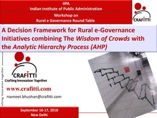 IIPA
                                                   Indian Institute of Public Administration
                                                                Workshop on
                                                      Rural e Governance Round Table t i n g
                                                                                 craf          innovation together



   A Decision Framework for Rural e-Governance
   Initiatives combining The Wisdom of Crowds with
   the Analytic Hierarchy Process (AHP)
crafting innovation together




                               www.crafitti.com
                               navneet.bhushan@crafitti.com


                                              September 16-17, 2010
                               Confidential        New Delhi
 