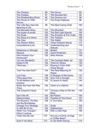 “Wisdom Pearls”   4


The Chicken                89   The Circus                        90
The Cookies                91   The Devoted Son                   92
The Disabled Bus Driver    94   The Grocery List                  96
The House of 1000          97   The King's Highway                98
Mirrors
The Little Boy Asks the    99   The Most Caring Child             100
Meaning of Life
The Mountain Story        101   The Mountain                      102
The power of words        103   The Red Light Special             104
The Smile                 105   The Scorpion & The Turtle         106
The Story of a Clown      107   The Teacher                       108
The View                  111   The Wallet                        112
The Wolves Within         116   Three Powerful Words              117
Unconditional Love        118   Understanding and                 119
                                Attitude
Weakness or Strength      120   Mother                            121
Reward                    122   God's Perfection                  123
Who Packed Your           125   Wise Woman                        126
Parachute?
You are Wonderful         127   The Cracked Water Jar             128
Shake It Off              129   Think for Others                  130
“We'll see...”            131   Playing A Violin With             132
                                Three Strings
“Can You See God?”        134   The Real Meaning Of               135
                                Peace
Live Free                 136   A Stranger At My Home             137
Think about this....      139   Give This A thought               141
To All Mothers and        142   A Lesson In Heart                 144
Children
Roles And How We Play     145   Catch of a Lifetime               146
Them
The Emperor's Seed        147   Choose a Way to Win the           149
                                Race
Don’t We All              152   Be Patient                        154
Determination             155   Parable Of The Pencil             157
The Buzzard, The Bat,     158   A True Story                      159
and the Bumblebee
Change Your Strategy      161   Smile                             162
A Little Bit of Joy       164   Selflessness                      167
When You Thought I        168   With a Little Help                169
Wasn’t Looking
That's Not My Job         170   Are you a Carrot, an Egg          171
                                or Coffee Bean?
Dust If You Must          173   A Life Worth Saving               174
 