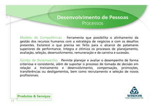 Modelo de Competências - Ferramenta que possibilita o alinhamento da
     gestão dos recursos humanos com a estratégia de negócios e com os desafios
     presentes. Esclarece o que precisa ser feito para o alcance de patamares
     superiores de performance. Integra e otimiza os processos de planejamento,
     avaliação, seleção, desenvolvimento, remuneração e de carreira e sucessão.

     Gestão de Desempenho - Permite planejar e avaliar o desempenho de forma
     criteriosa e consistente, além de suportar o processo de tomada de decisão em
     relação a treinamento e desenvolvimento, compensação, promoções,
     transferências ou desligamentos, bem como recrutamento e seleção de novos
     profissionais.




17
 