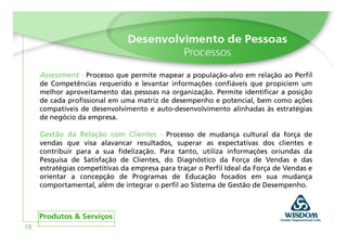 Assessment - Processo que permite mapear a população-alvo em relação ao Perfil
     de Competências requerido e levantar informações confiáveis que propiciem um
     melhor aproveitamento das pessoas na organização. Permite identificar a posição
     de cada profissional em uma matriz de desempenho e potencial, bem como ações
     compatíveis de desenvolvimento e auto-desenvolvimento alinhadas às estratégias
     de negócio da empresa.

     Gestão da Relação com Clientes - Processo de mudança cultural da força de
     vendas que visa alavancar resultados, superar as expectativas dos clientes e
     contribuir para a sua fidelização. Para tanto, utiliza informações oriundas da
     Pesquisa de Satisfação de Clientes, do Diagnóstico da Força de Vendas e das
     estratégias competitivas da empresa para traçar o Perfil Ideal da Força de Vendas e
     orientar a concepção de Programas de Educação focados em sua mudança
     comportamental, além de integrar o perfil ao Sistema de Gestão de Desempenho.




19
 