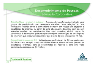 Teambuilding - indoor e outdoor - Processo de transformação indicado para
     grupos de profissionais que necessitem trabalhar ”suas relações” e “sua
     identidade” visando obter o alinhamento de todos em relação aos objetivos e
     estratégias da empresa. A partir de uma abordagem dinâmica, com ou sem
     vivências outdoor, os participantes irão rever conceitos, definir regras de
     convivência e desenvolver posturas que favoreçam a construção de um “espírito
     de time” em que o resultado seja maior que a soma de seus integrantes (16 hs.).

     Consultores Internos de RH - Indicado para profissionais de RH que pretendem
     fortalecer a sua atuação como consultores internos, dentro de uma perspectiva
     estratégica, orientada para as necessidades do negócio e para uma visão
     sistêmica dos processos de RH (16 hs.).




24
 