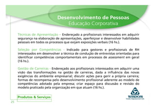 Técnicas de Apresentação – Endereçado a profissionais interessados em adquirir
     segurança na elaboração de apresentações, aperfeiçoar e desenvolver habilidades
     pessoais em todos os processos que exijam exposições verbais (16 hs.).

     Seleção por Competências - Indicado para gestores e profissionais de RH
     interessados em desenvolver a técnica de condução de entrevistas orientadas para
     identificar competências comportamentais em processos de assessment em geral
     (16 hs.).

     Gestão de Carreiras - Endereçado aos profissionais interessados em adquirir uma
     visão das transformações na gestão de carreiras, dada a influência das novas
     exigências do ambiente empresarial; discutir ações para gerir a própria carreira;
     formas de recompensa pelo desenvolvimento profissional aderente ao modelo de
     competências adotado pela empresa; criar espaço para discussão e revisão do
     modelo praticado pela organização em que atuam (16 hs.).



25
 