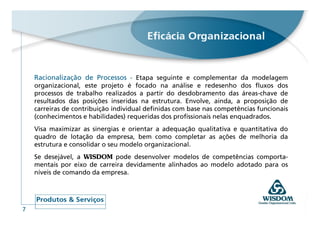 Racionalização de Processos - Etapa seguinte e complementar da modelagem
    organizacional, este projeto é focado na análise e redesenho dos fluxos dos
    processos de trabalho realizados a partir do desdobramento das áreas-chave de
    resultados das posições inseridas na estrutura. Envolve, ainda, a proposição de
    carreiras de contribuição individual definidas com base nas competências funcionais
    (conhecimentos e habilidades) requeridas dos profissionais nelas enquadrados.
    Visa maximizar as sinergias e orientar a adequação qualitativa e quantitativa do
    quadro de lotação da empresa, bem como completar as ações de melhoria da
    estrutura e consolidar o seu modelo organizacional.
    Se desejável, a WISDOM pode desenvolver modelos de competências comporta-
    mentais por eixo de carreira devidamente alinhados ao modelo adotado para os
    níveis de comando da empresa.




7
 