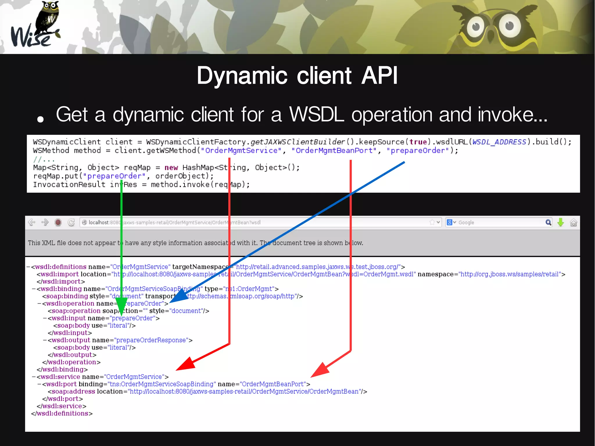 Dynamic client API
●
Get a dynamic client for a WSDL operation and invoke...