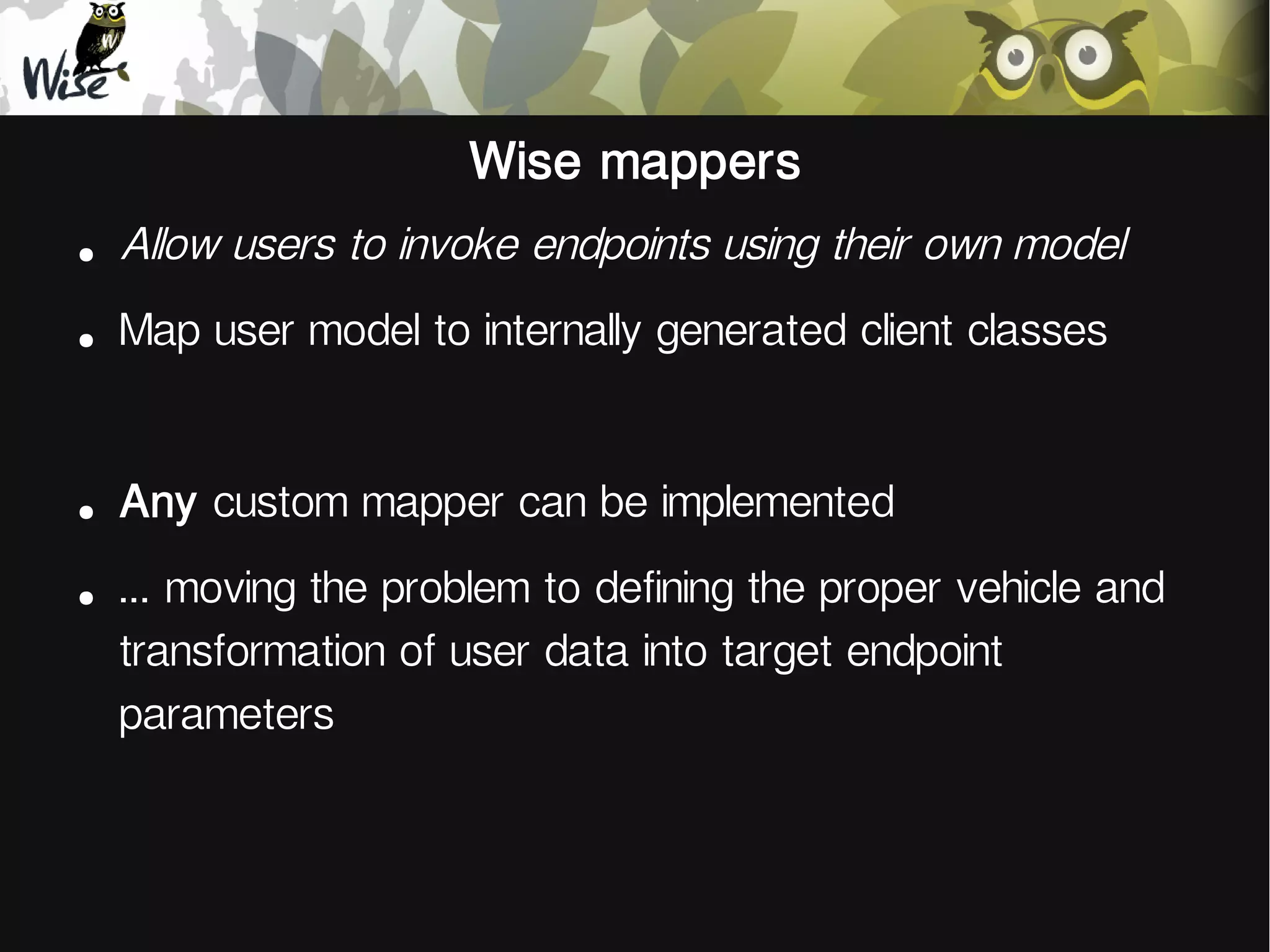 Wise mappers
●
Allow users to invoke endpoints using their own model
●
Map user model to internally generated client classes
●
Any custom mapper can be implemented
●
... moving the problem to defining the proper vehicle and
transformation of user data into target endpoint
parameters