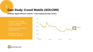 $0.00
$0.05
$0.10
$0.15
$0.20
$0.25
May-16 Aug-16 Nov-16 Feb-17
• Breaking into the ‘digital
influencer’ space by utilising
existing technology
• Helping digital influencers to
generate income
• Monetise via direct and
relationship marketing
2
Case Study: Crowd Mobile (ASX:CM8)
Building a digital influencer network – is the company turning a corner?
 