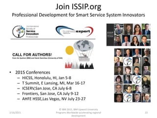 Join ISSIP.org
Professional Development for Smart Service System Innovators
• 2015 Conferences
– HICSS, Honolulu, HI, Jan 5-8
– T Summit, E Lansing, MI, Mar 16-17
– ICSERV,San Jose, CA July 6-8
– Frontiers, San Jose, CA July 9-12
– AHFE HSSE,Las Vegas, NV July 23-27
2/16/2015
© IBM 2015, IBM Upward University
Programs Worldwide accelerating regional
development
23
 