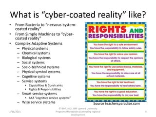 What is “cyber-coated reality” like?
• From Bacteria to “nervous-system-
coated reality”
• From Simple Machines to “cyber-
coated reality”
• Complex Adaptive Systems
– Physical systems
– Chemical systems
– Biological systems
– Social systems
– Socio-technical systems
– Physical symbol systems
– Cognitive systems
– Service systems
• Capabilities & Constraints
• Rights & Responsibilities
– Smart service systems
• AKA “cognitive service systems”
– Wise service systems
2/16/2015
© IBM 2015, IBM Upward University
Programs Worldwide accelerating regional
development
6
Source teachersparadise.com
 