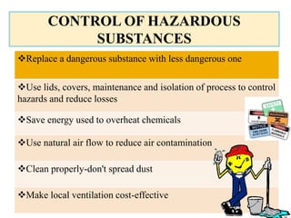 CONTROL OF HAZARDOUS
SUBSTANCES
Replace a dangerous substance with less dangerous one
Use lids, covers, maintenance and isolation of process to control
hazards and reduce losses
Save energy used to overheat chemicals
Use natural air flow to reduce air contamination
Clean properly-don't spread dust
Make local ventilation cost-effective
 