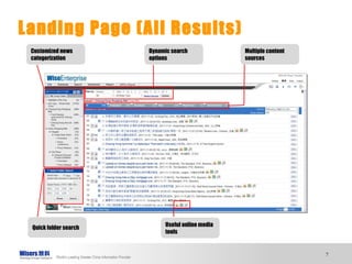 Landing Page (All Results) Customized news categorization Dynamic search options Multiple content sources Quick folder search Useful online media tools 