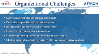Michael Wise / EUDAT Conference / January 23, 2018 32
Organizational Challenges
§ Large and distributed global user community
§ Exascale computation and data management
§ Integration of global research infrastructures
§ Long-term development and operations
§ Sustainable funding models for common infrastructure
§ Clash of cultural mindsets (structured HPC versus interactive analysis)
 