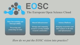 The European Open Science Cloud
EOSC
Data Stewardship and
Interoperability
Preserving and
connecting our data
Shared Infrastructure
Storage and computing
resources serving multiple
research communities
Science Platform
Bringing researchers and
their analysis to the data
and infrastructure
How do we put the EOSC vision into practice?
 