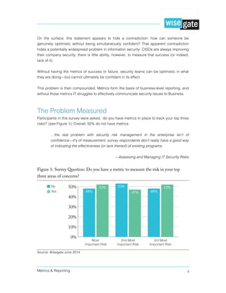 Metrics & Reporting 4
On the surface, this statement appears to hide a contradiction: how can someone be
genuinely optimistic without being simultaneously confident? That apparent contradiction
hides a potentially widespread problem in information security: CISOs are always improving
their company security; there is little ability, however, to measure that success (or indeed,
lack of it).
Without having the metrics of success or failure, security teams can be optimistic in what
they are doing—but cannot ultimately be confident in its effect.
This problem is then compounded. Metrics form the basis of business-level reporting, and
without those metrics IT struggles to effectively communicate security issues to Business.
The Problem Measured
Participants in this survey were asked, ‘do you have metrics in place to track your top three
risks?’ (see Figure 1). Overall, 50% do not have metrics.
…the real problem with security risk management in the enterprise isn’t of
confidence—it’s of measurement; survey respondents don’t really have a good way
of indicating the effectiveness (or lack thereof) of existing programs.
—Assessing and Managing IT Security Risks
Figure 1: Survey Question: Do you have a metric to measure the risk in your top
three areas of concerns?
Source: Wisegate June 2014
 