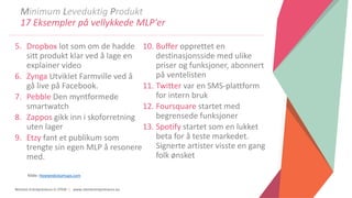 Women Entrepreneurs in STEM | www.stementrepreneurs.eu
Minimum Leveduktig Produkt
17 Eksempler på vellykkede MLP'er
5. Dropbox lot som om de hadde
sitt produkt klar ved å lage en
explainer video
6. Zynga Utviklet Farmville ved å
gå live på Facebook.
7. Pebble Den myntformede
smartwatch
8. Zappos gikk inn i skoforretning
uten lager
9. Etzy fant et publikum som
trengte sin egen MLP å resonere
med.
10. Buffer opprettet en
destinasjonsside med ulike
priser og funksjoner, abonnert
på ventelisten
11. Twitter var en SMS-plattform
for intern bruk
12. Foursquare startet med
begrensede funksjoner
13. Spotify startet som en lukket
beta for å teste markedet.
Signerte artister visste en gang
folk ønsket
Kilde: Howwedostartups.com
 
