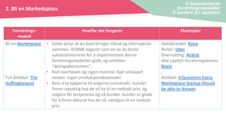 2. Bli en Markedsplass
9 Dokumenterte
forretningsmodeller
å vurdere for oppstart
Forretnings-
modell
Hvorfor det fungerer Eksempler
Bli en Marketplace
Full Artikkel: The
Huffingtonpost
• Dette betyr at du bare bringer tilbud og etterspørsel
sammen. AirBNB regjerer som en av de beste
suksesshistoriene for å implementere denne
forretningsmodellen godt, og omfatter
"delingsøkonomien".
• Null overheads og ingen inventar. Kjør selskapet
nesten. Ingen produksjonskostnader.
• Bare å ta kjøperne til selgerne (omvendt). Kunder
finner nøyaktig hva de vil ha til en nedsatt pris, og
selgere får fortjeneste og nå kunder. Kunder er glade
for å finne akkurat hva de vil, vanligvis til en nedsatt
pris.
Detaljhandel: Raise
Reiser: Uber
Overnatting: Airbnb
Ikke uppfylt forretningsbehov:
Beast
Artikkel: 4 Questions Every
Marketplace Startup Should
be able to Answer
 