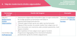 6. Følg den moderniserte direkte salgsmodellen
9 Dokumenterte
forretningsmodeller
å vurdere for oppstart
Forretnings-
modell
Hvorfor det fungerer Eksempler
Følg den
Moderniserte
Direkte
Salgsmodellen
Full Artikkel: The
Huffingtonpost
• Interesserte selgere eller forhandlere lager sin egen nettbutikk
for å selge og tjene en kommisjon ved hjelp av
oppstartsteknologinfrastrukturen.
• Tilskudd selgerinntekt og de som søker nye karriereveier
• Tilgang til flere kunder via sosiale medier hvor selgere kan nå
flere mennesker enn noensinne, øker produkt popularitet, med
høyere inntekter
• Øker lojaliteten til sine selgere (som også er kunder).
Programvare tilgjengelig nå har dramatisk forbedret
produktivitet og flyt for direkte salgspersoner.
Teknologi: Handybook
Detaljhandel: Rent the
Runway
 