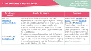 8. Den Reverserte Auksjonsmodellen
9 Dokumenterte
forretningsmodeller
å vurdere for oppstart
Forretnings-
modell
Hvorfor det fungerer Eksempler
Følg den
Reverserte
Auksjonsmodellen
Full Artikkel: The
Huffingtonpost
• Denne typen modell er omvendt av Ebay, hvor
kjøperne bytter roller med selgerne. Kjøpere som bryr
seg om tilbud på tilbud om service til selgerne, og hvis
selgeren godtar budet, må kjøperen godta alle
selgerens vilkår og betingelser. Selgere drar nytte av
tilgang til en markedsplass, mens kjøperne føler at de
får en god handel.
• Prisfølsomme kjøpere føler seg bra, fordi de føler seg
godt om avtalen de vant, vinner selskapet også ved å
legge til rette for avtalen med selgerne som får tilgang
til en markedsplass og fortsatt gjør fortjeneste på lager
som kanskje ikke har solgt ellers.
Virksomheter: FedBid Reiser:
Stayful Freelance: Squeezify
Tjenester: MyHammer
Priceline hvor reisende gir opp
bekvemmelighet for lave
priser på flybilletter, utleie og
andre reisebyråer. Gir en vinn-
vinn-markedsplass for sin B2C-
markedsplass, og på grunn av
det har det vært betydelig
vekst i omsetningen.
 
