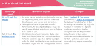 9. Bli en Virtuell God Modell
9 Dokumenterte
forretningsmodeller
å vurdere for oppstart
Forretnings-
modell
Hvorfor det fungerer Eksempler
Bli en Virtuell God
Modell
Full Artikkel: The
Huffingtonpost
• En av de største fordelene med virtuelle varer er
de høye marginene, siden de bare koster det
båndbredden som kreves for å tjene dem.
• Selve gjenstandene skaper reell verdi for
forbrukerne, for eksempel i et spill, å kjøpe et
sverd, legger til at de virkelig morsomme folkene
har å spille et spill.
• Likviditeten i markedet fortsetter å øke etter
hvert som flere spillere bor i virtuelle verdener.
Virtuelle varer blir også mer og mer stadig en
måte for folk å vise kjærlighet og mening som vi
fortsetter å flytte mer inn i en appobsatt verden.
Gaver: Facebook & Foursquare
Virtuell Valuta: Twitter & Foursquare
Candy Crush forstår kraften til den
virtuelle gode modellen, og utgjorde
massevis av inntekter for digitale
produkter som ekstra liv eller
funksjoner som en "fargebombe".
Virtuelle varer er kun online
produkter som brukerne betaler for
normalt i spill eller apper som
oppgraderinger, poeng, gaver eller
våpen.
 
