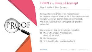 Women Entrepreneurs in STEM | www.stementrepreneurs.eu
TRINN 2 – Bevis på konsept
Step 2 in the 7 Step Process
Bevis på konsept (PoC) er en realisering av
en bestemt metode eller idé for å demonstrere dens
mulighet, eller en demonstrasjon i prinsippet.
Målet er å verifisere at konseptet har praktisk
potensial.
Vi presenterer deg for tre viktige metoder:
1) Proof of Concept Process (PoC) -
Bevis på konsept
2) Bootstrapping
3) Test din idé på et skolisse budsjett
Source STEM Skills
 