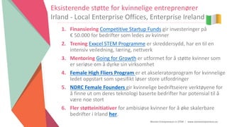 Women Entrepreneurs in STEM | www.stementrepreneurs.eu
1. Finansiering Competitive Startup Funds gir investeringer på
€ 50.000 for bedrifter som ledes av kvinner
2. Trening Exxcel STEM Programme er skreddersydd, har en til en
intensiv veiledning, læring, nettverk
3. Mentoring Going for Growth er utformet for å støtte kvinner som
er seriøse om å dyrke sin virksomhet
4. Female High Fliers Program er et akseleratorprogram for kvinnelige
ledet oppstart som spesifikt løser store utfordringer
5. NDRC Female Founders gir kvinnelige bedriftseiere verktøyene for
å finne ut om deres teknologi baserte bedrifter har potensial til å
være noe stort
6. Fler støtteinitiativer for ambisiøse kvinner for å øke skalerbare
bedrifter i Irland her.
Eksisterende støtte for kvinnelige entreprenører
Irland - Local Enterprise Offices, Enterprise Ireland
 