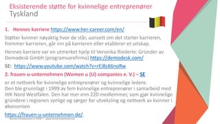 Women Entrepreneurs in STEM | www.stementrepreneurs.eu
1. Hennes karriere https://www.her-career.com/en/
Støtter kvinner nøyaktig hvor de står, uansett om det starter karrieren,
fremmer karrieren, går inn på karrieren eller etablerer et selskap.
Hennes karriere var en utmerket hjelp til Veronika Riederle: Gründer av
Demodesk GmbH (programvarefirma) https://demodesk.com/
SE: https://www.youtube.com/watch?v=rEi8sX6noRw
2. frauen-u-unternehmen (Women u (U) companies e. V.) – SE
er et nettverk for kvinnelige entreprenører og kvinnelige ledere.
Den ble grunnlagt i 1999 av fem kvinnelige entreprenører i samarbeid med
IHK Nord Westfalen. Den har mer enn 220 medlemmer, som gjør kvinnelige
gründere i regionen synlige og sørger for utveksling og nettverk av kvinner i
økonomien
https://frauen-u-unternehmen.de/.
Eksisterende støtte for kvinnelige entreprenører
Tyskland
 