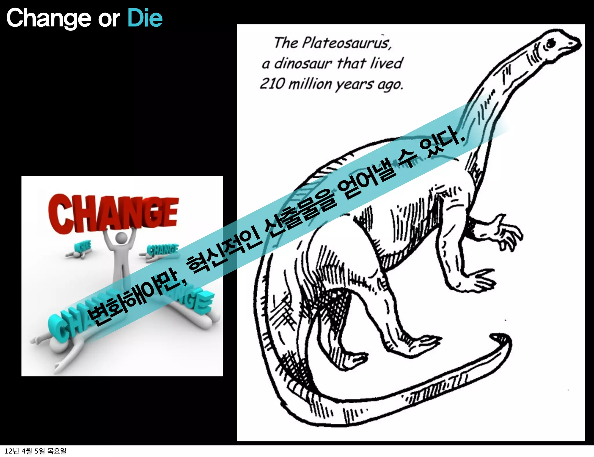 Change or Die




                                               다.
                                              있
                                          수
                                     어낼
                                    얻
                               물을
                             산출
                       신적인
                     ,혁
                  해야만
                변화




12년 4월 5일 목요일
 