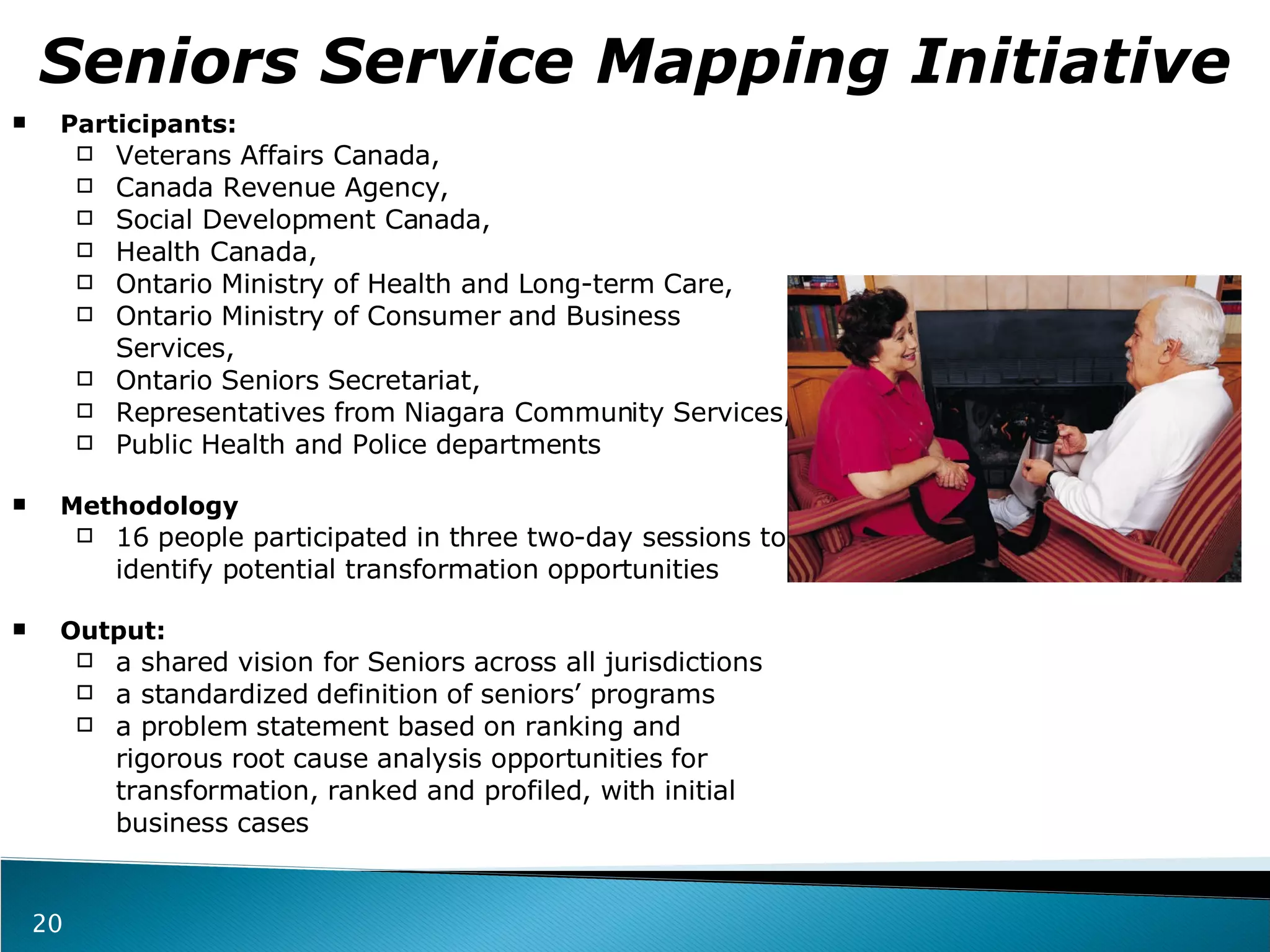 Seniors Service Mapping Initiative Participants: Veterans Affairs Canada,  Canada Revenue Agency,  Social Development Canada,  Health Canada,  Ontario Ministry of Health and Long-term Care,  Ontario Ministry of Consumer and Business Services,  Ontario Seniors Secretariat,  Representatives from Niagara Community Services,  Public Health and Police departments Methodology 16 people participated in three two-day sessions to identify potential transformation opportunities Output: a shared vision for Seniors across all jurisdictions  a standardized definition of seniors’ programs a problem statement based on ranking and rigorous root cause analysis opportunities for transformation, ranked and profiled, with initial business cases 