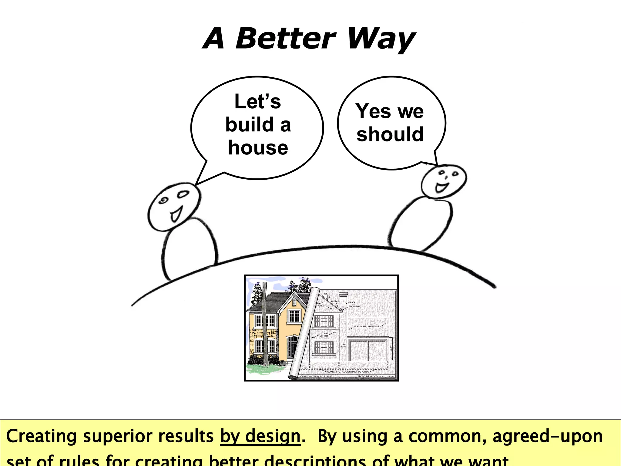 A Better Way Creating superior results  by design .  By using a common, agreed-upon set of  rules  for creating  better descriptions  of what we want. Let’s build a house Yes we should 