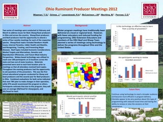 Ohio Ruminant Producer Meetings 2012
                                                           Wiseman,* T.G.1, Grimes, J.2, Lewandowski, R.A.3, McCutcheon, J.M.4, Mechling, M.5 , Penrose, C.D.6




                                        Abstract                                                                   Background:

Two series of meetings were conducted in February and                                            Winter program meetings have traditionally been
March to address issues for Beef, Sheep/Goat producers                                           delivered at a local or regional level. However,
in Ohio and across the country. Sheep/Goat producers                                             with fewer educators and reduced funding for
and Beef producers had the opportunity to attend a                                               programming, OSU Extension Educators and
series of four weekly meetings for each of the respective                                        members of the OSU Beef and Sheep Team
species. Sheep/Goat topics included Newborn Health                                               planned a series of meetings using technology to
Issues, Internal Parasites, Udder Health and Mastitis,                                           deliver the programs throughout Ohio and the
and Recognizing, Treating, and Preventing Major                                                  United States.
diseases. Beef topics included Economic Considerations,
Market Targets and Alternatives, Genetics and
Reproduction Efficiencies, and Future Meat Industry
Perspectives. Webex based technology was utilized to                                                            Host Sites and Participants Attending
reach over 200 participants at 15 locations across the
state and two out-of-state locations. Materials
presented were sent to each host location prior to
meetings so that all attendees received hard copies.
Throughout the evening producers had the opportunity
to ask questions of the presenters. This was the first
virtual educational program conducted for Sheep and
Goat producers and the second year for Beef producers
in Ohio. Combined evaluations for both series indicated
that over 78% plan to make changes in their operation,
while 97% would recommend this program to others.
Participants estimate that due to this program, they will
save on average $46/head for sheep/goats, and                                                                                                                               Future Plans:
$81/head for beef.
                                                                                                                                                        Continue using technology to reach a broader audience
                                                                                                                                                        and become more efficient in program delivery.
                                                                                                                                                        Clientele appear to be very positive about this type of
1.Extension Educator, Ohio State University Extension, Perry County, 104 S. St., P.O. Box 279,
                                                                                                                                                        programming with reduced travel time and having the
2.Extension
             Somerset, Ohio 43783. wiseman.15@osu.edu                                                                                                   ability to review or view the sessions at their
            Beef Coordinator, Ohio State University Extension, OSU South Center, 1864
             Shyville Rd, Piketon, Ohio 45661 grimes.1@osu.edu
3. Extension Educator, Ohio State University Extension, Wayne County, 428 W. Liberty St.,
                                                                                                                                                        convenience.
             Wooster Ohio, 44691 lewandowski.11@osu.edu
4. Extension Educator, Ohio State University Extension, Morrow County, 871 W. Marion Rd., Mt.

             Gilead, Ohio 43338 mccutcheon.30@osu.edu
5. Extension Educator, Ohio State University Extension, 225 Underwood St., Zanesville, Ohio

             43701 mechling.1@osu.edu
6. Extension Educator, Ohio State University Extension, Morgan County, 155 E. Main St.,

             McConnelsville, Ohio 43756 penrose.1@osu.edu
 