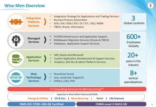 Wise Men Confidential
Wise Men Overview
20+
years in the
industry
8+
vertical
specializations
3
Global Locations
600+
Employees
Globally
Integration
Platform
Services
 Integration Strategy for Applications and Trading Partners
 Business Process Automation
 SOA / EAI / B2B / EDI / DI / ETL / DQ / MDM
 TIBCO, Oracle, Informatica
Managed
Services
 FUSION Infrastructure and Application Support
 Middleware Migration Services (Oracle & TIBCO)
 Databases, Application Support Services
Application
Services
 SAP, Oracle and Microsoft
 Custom Application Development & Support Services
 Analytics, SAS Dev & Admin Platform Services
Web
Technology
Services
 SharePoint Portal,
 Java, JavaScript, AngularJS
 HTML5, CSS3, PHP
IT Consulting Services & MicroSourcingTM
ISMS-ISO 27001 ABS-QE Certified CMMI-Level 3 ISACA SEI
Energy & Utilities | Oil & Gas | Manufacturing | Retail | Life Sciences
Expertise in Diversified Industry Portfolio
3
 