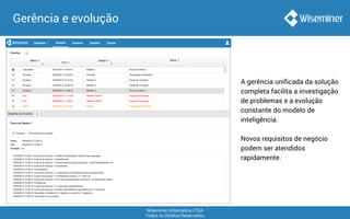 Wiseminer Informática LTDA
Todos os Direitos Reservados
Gerência e evolução
A gerência unificada da solução
completa facilita a investigação
de problemas e a evolução
constante do modelo de
inteligência.
Novos requisitos de negócio
podem ser atendidos
rapidamente.
 