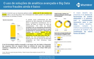 Wiseminer Informática LTDA
Todos os Direitos Reservados
O uso de soluções de analítica avançada e Big Data
contra fraudes ainda é baixo
Estudos mostram que as empresas globais podem perder até 5% das receitas com
fraudes. Mas o uso do Big Data e da a mineração dos dados podem ser poderosas
ferramentas no combate à fraude.
Fonte: "Big risks require big data thinking - Global Forensic Data Analytics Survey 2014", da
Ernest & Young.
O estudo ouviu profissionais de alta
gerência de 466 empresas, de diferentes
porte e segmentos econômicos, em 11
países, 40 deles no Brasil. Do total de
entrevistados, 72% (75% no Brasil)
acreditam que as emergentes ferramentas
de Big Data podem desempenhar um papel
fundamental na prevenção e detecção de
fraudes. No entanto, apenas 7% dos
entrevistados conhece aplicações
específicas de Big Data para este fim e
apenas 2% dos entrevistados (5% no
Brasil) já fez uso de recursos de Big Data
integrados ao FDA (Forensic Data
Analytics).
O maior desafio das
empresas é ter acesso às
ferramentas de análise
adequadas e as pessoas
com o conhecimento
necessário para o uso
delas. Outros desafios
notáveis ​​incluem "a
melhoria da qualidade dos
processo de análise" e "a
combinação de várias
fontes de dados".
O uso de tecnologia analítica avançada, e em tempo real, dos dados à disposição
das empresas teria um impacto direto na eficácia de como elas poderiam
sintetizar e interpretar os riscos de fraude e corrupção em tempo hábil para
mitigá-los.
 
