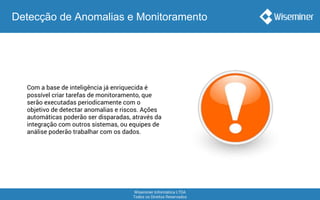 Wiseminer Informática LTDA
Todos os Direitos Reservados
Com a base de inteligência já enriquecida é
possível criar tarefas de monitoramento, que
serão executadas periodicamente com o
objetivo de detectar anomalias e riscos. Ações
automáticas poderão ser disparadas, através da
integração com outros sistemas, ou equipes de
análise poderão trabalhar com os dados.
Detecção de Anomalias e Monitoramento
 