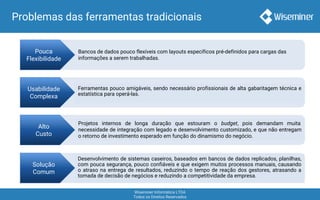 Wiseminer Informática LTDA
Todos os Direitos Reservados
Problemas das ferramentas tradicionais
Pouca
Flexibilidade
Bancos de dados pouco flexíveis com layouts específicos pré-definidos para cargas das
informações a serem trabalhadas.
Alto
Custo
Projetos internos de longa duração que estouram o budget, pois demandam muita
necessidade de integração com legado e desenvolvimento customizado, e que não entregam
o retorno de investimento esperado em função do dinamismo do negócio.
Usabilidade
Complexa
Ferramentas pouco amigáveis, sendo necessário profissionais de alta gabaritagem técnica e
estatística para operá-las.
Desenvolvimento de sistemas caseiros, baseados em bancos de dados replicados, planilhas,
com pouca segurança, pouco confiáveis e que exigem muitos processos manuais, causando
o atraso na entrega de resultados, reduzindo o tempo de reação dos gestores, atrasando a
tomada de decisão de negócios e reduzindo a competitividade da empresa.
Solução
Comum
 