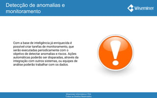 Wiseminer Informática LTDA
Todos os Direitos Reservados
Com a base de inteligência já enriquecida é
possível criar tarefas de monitoramento, que
serão executadas periodicamente com o
objetivo de detectar anomalias e riscos. Ações
automáticas poderão ser disparadas, através da
integração com outros sistemas, ou equipes de
análise poderão trabalhar com os dados.
Detecção de anomalias e
monitoramento
 
