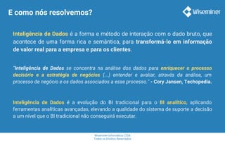 Wiseminer Informática LTDA
Todos os Direitos Reservados
E como nós resolvemos?
Inteligência de Dados é a forma e método de interação com o dado bruto, que
acontece de uma forma rica e semântica, para transformá-lo em informação
de valor real para a empresa e para os clientes.
“Inteligência de Dados se concentra na análise dos dados para enriquecer o processo
decisório e a estratégia de negócios (...) entender e avaliar, através da análise, um
processo de negócio e os dados associados a esse processo." - Cory Jansen, Techopedia.
Inteligência de Dados é a evolução do BI tradicional para o BI analítico, aplicando
ferramentas analíticas avançadas, elevando a qualidade do sistema de suporte a decisão
a um nível que o BI tradicional não conseguirá executar.
 