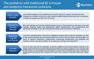 Wiseminer Informática LTDA
Copyright
The problems with traditional BI, in-house
and analytics framework solutions
Little or none
flexibility
Less flexible database with predefined and specific layouts to capture and load the data.
Changes are complex, timely and costly. Requires highly skilled professionals and consultants,
a whole new project and other tons of money!
Expensive
Long ROI
Less Results
Long term implementation of business intelligence project tend to become obsolete very fast
as the market changes are more dynamically and, most of the time blows out the budget. As
much of systems integration, programming, customized development and softwares are
needed to solve a business problem, more expensive it will get and forget ROI !!!
Complex to
Use and
Manage
Non user friendly, and complex implementation (such as frameworks) are not easy to use and
manage. Requires highly and experienced skilled professionals with programming and
statistical knowledge to use and manage the solution with the minimum efficiency.
Due to the high costs, and the complexity, of business intelligence and advanced analytics solutions in the
market, many companies are investing time, resources (people) and money to create their own in-house BI and
analytics systems. It may be based on database queries, macro-powered spreadsheets, or even using old tools
like MS Access. But, this systems has many things in common. Lack of security, high costs to maintain, no
programming documentation, lack of support and it doesn’t evolve. Usually it is replaced and becomes a legacy
system.
In-House
Solutions
 