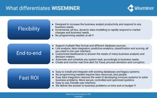 Wiseminer Informática LTDA
Copyright
What differentiates WISEMINER
Flexibility
● Designed to increase the business analyst productivity and respond to any
business needs.
● Incremental, ad-hoc, dynamic data modelling to rapidly respond to market
changes and business needs.
● No programming needed, at all !!!
End-to-end
● Support multiple files format and different database sources.
● Link analysis, data integration, predictive analytics, classification and scoring, all
you need in one user interface.
● Customized dashboards to answer the needs of many business analysts and
decision makers.
● Automate and schedule any system task, accordingly to business needs.
● Create and monitor real time alert for fraud, process deviation and corruption.
Fast ROI
● Easy to install and integrate with existing databases and legacy systems.
● No programming needed requires less resources, less people.
● Easy data integration reduces the need of developing in-house systems to solve
business problems. More secure, controlled and optimized systems.
● Easy to use, friendly user interface.
● We deliver the answer to business problems on-time and on-budget !!!
 
