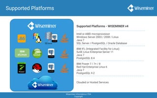 Wiseminer Informática LTDA
Copyright
Supported Platforms
IBM
z/Linux
IBM IFL (Integrated Facility for Linux)
SuSE Linux Enterprise Server 11
Java 7
PostgreSQL 8.4
Intel or AMD microprocessor
Windows Server 2003 / 2008 / Linux
Java 7
SQL Server / PostgreSQL / Oracle Database
IBM Power 7 / 7+ / 8
Red Hat Enterprise Linux 6
Java 7
PostgreSQL 9.2
Supported Platforms - WISEMINER v4
Clouded or Hosted Services
 