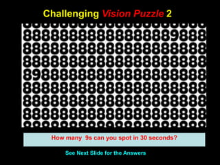 74
Challenging Vision Puzzle 2
See Next Slide for the Answers
How many 9s can you spot in 30 seconds?
 