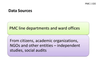 Data Sources
PMC line departments and ward offices
From citizens, academic organizations,
NGOs and other entities – independent
studies, social audits
PMC | CEE
 
