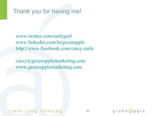 Thank you for having me! www.twitter.com/earlegurl www.linkedin.com/in/greenapple http://www.facebook.com/carey.earle [email_address] www.greenapplemarketing.com 