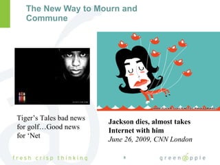 The New Way to Mourn and Commune Jackson dies, almost takes Internet with him June 26, 2009, CNN London Tiger’s Tales bad news for golf…Good news for ‘Net 