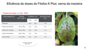 Eficiência de doses do Fitofos K Plus: sarna da macieira
32
TRATAMENTO DOSE
P.C./100 L
SARNA (%) RUSSETING
(%)
Folhas Frutos
Testemunha - 70,5 a 90,0 a 1,5 a
Fitofos K Plus+Orthocide 100 mL+160 g 2,5 b 15,0 b 1,4 a
Fitofos K Plus +Orthocide 150 mL+160 g 0,8 b 15,8 b 1,4 a
Fitofos K Plus+Orthocide 200 mL+160 g 0,5 b 11,6 b 1,4 a
Score+Orthocide 14 mL+160 g 0,5 b 5,0 b 1,2 a
Ensaio de campo, cv. Fuji - 2003
Dose mais consistente:
200mL/100 L
 