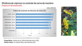 Eficiência de cúpricos no controle da sarna da macieira
Produtos em desenvolvimento
0
90,8
89,5
90,2
94,8
95,9
97,2
0 20 40 60 80 100
TESTEMUNHA
FITAMIN COBRE- 100 ML
FITAMIN COBRE -200 ML
COOPERWISER - 100 ML
COOPER WISER - 200 ML
BAYFOLAN COBRE - 100 ML
SUPERA - 100 ML
Índice de controle da Mancha da Gala (%)
Folhas
Aplicação: 9/11, 15/11, 23/11, 30/11, 6/12, 13/12, 20/12, 26/12/2019, 6/1, 11/1 e 21/1/2020
Ciclo: 2019-20
CooperWiser: Sulfato de Cu (7%)+Carbonato de Ca (3%)
Fitamin Cobre: Cu solúvel (5%) e Aminoácido (5%)
 
